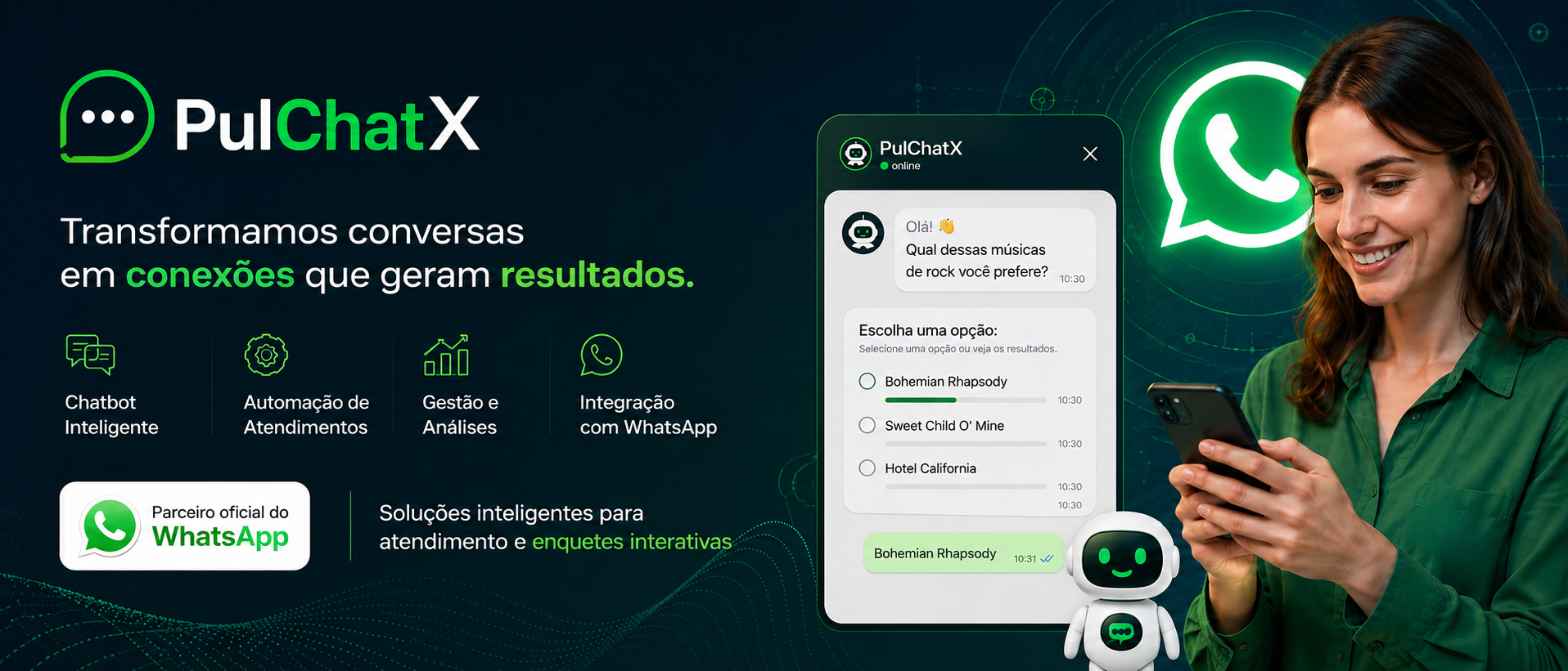 PulchatX — Transformamos conversas em conexões que geram resultados. Chatbot Inteligente, Automação de Atendimentos, Gestão e Análises, Integração com WhatsApp.